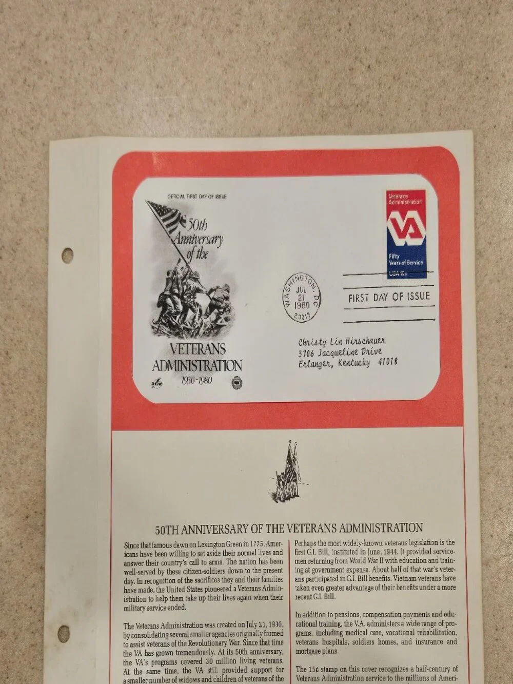 RARE COLLECTIBLE USPS 1ST DAY ISSUE COVER VETERANS ADMINISTRATION VA STAMP FDC